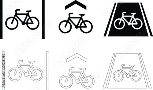 Bicycle parking and lane marker icons set. Includes bike lane square sign, chevron directional arrow, and angled road surface marking with bicycle symbol.
