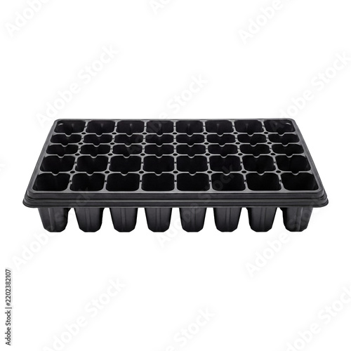 Black plastic seed starting tray with seventy-two cells