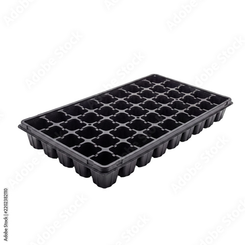 Black plastic seed starting tray with seventy-two cells