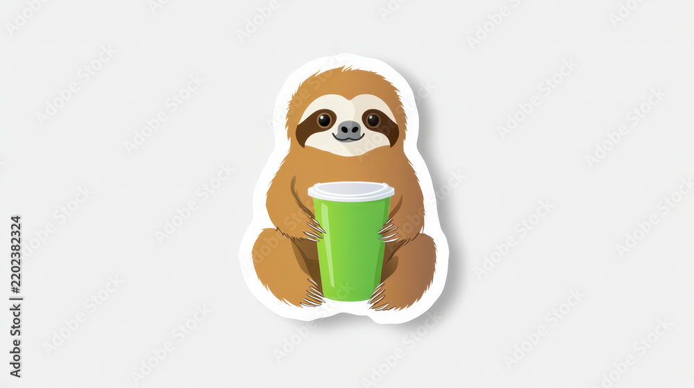 Fototapeta premium Cute sloth holding green cup, perfect for stickers and playful designs. This adorable character brings joy and charm