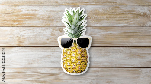 Cute pineapple with sunglasses on wooden background, perfect for summer vibes and fun decor