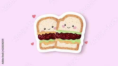 Cute sandwich sticker featuring two smiling slices of bread with colorful fillings, surrounded by hearts, expressing joy