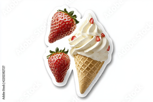 Creamy ice cream cone topped with whipped cream and fresh strawberries, perfect for sweet treat on sunny day