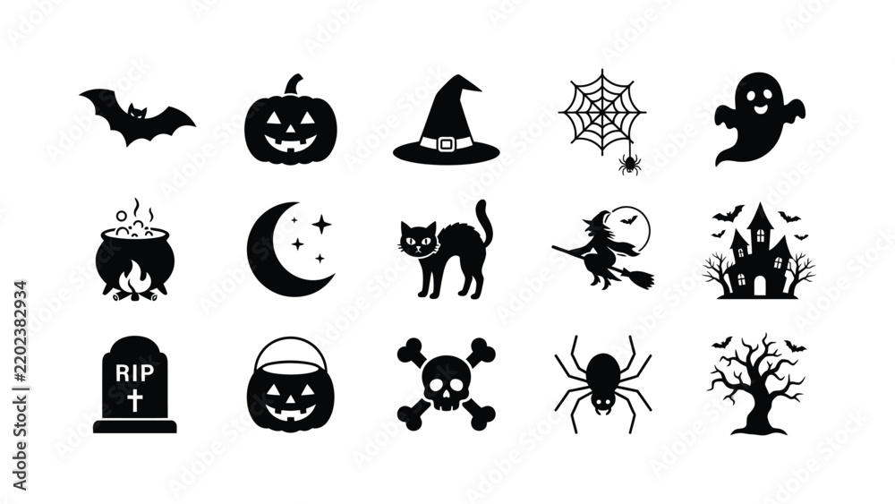 Fototapeta premium Halloween-themed black and white icons set of 15 symbols