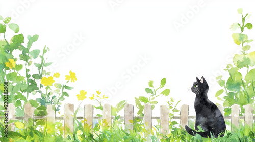 Cartoon of black cat sitting on fence surrounded by green plants and yellow flowers, evoking peaceful and serene atmosphere