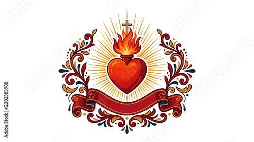 Sacred Heart Emblem with Flames, Cross, and Ornate Border