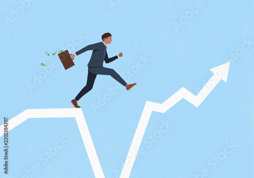 Male investor with money briefcase jumping over chasm in line chart on blue background