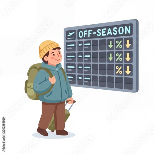 Young tourist with backpack and suitcase checking flight deals