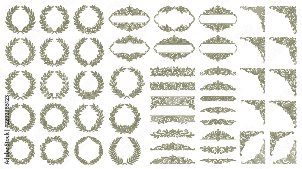 Fototapeta premium Ornate Decorative Elements: Laurels, Frames, Borders, Corners - Vector Graphics
