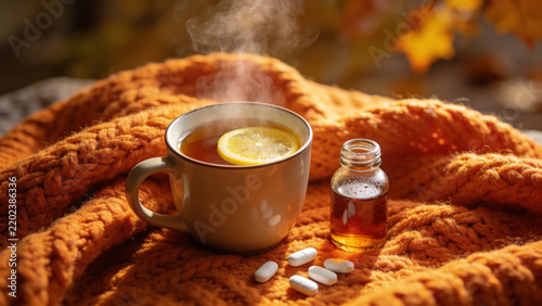 Cozy autumn cold recovery still life with hot tea and pills on knitted blanket.