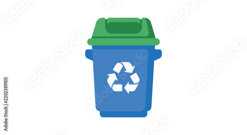 Blue recycling bin with white chasing arrows symbol is a flat vector illustration