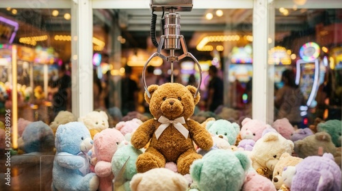 Colorful interior illumination in an arcade claw machine with plush teddy bears.