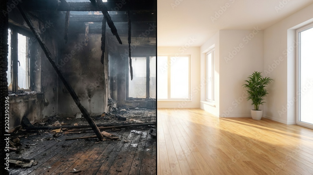 Fototapeta premium Before and after showing a destroyed interior room after a fire and a bright renovated living room.