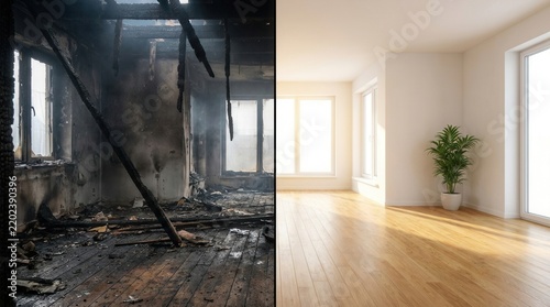 Before and after showing a destroyed interior room after a fire and a bright renovated living room.