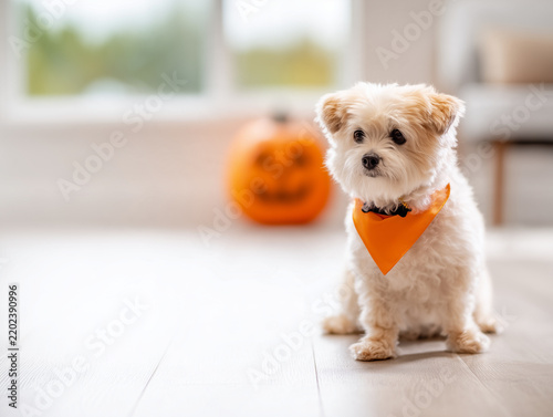Cute small dog posing indoors with pumpkins in a cozy autumn setting