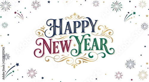 Watercolor happy new year festive lettering with delicate snowflakes on a white background