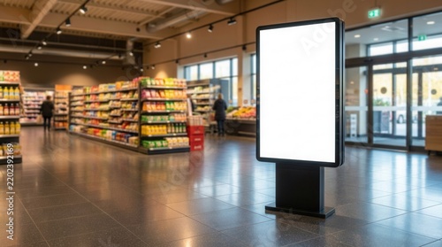 A blank white advertising sign standing in a supermarket entrance with space for marketing copy.
