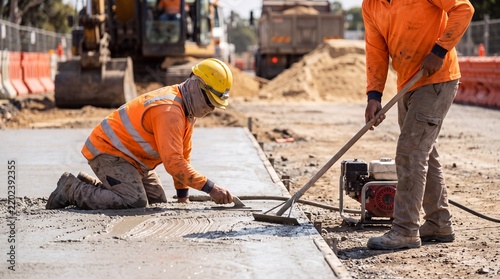 Construction workers smoothing wet concrete during a roadwork project with heavy machinery in the background