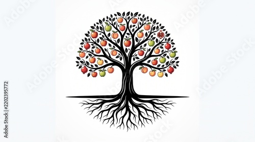 Detailed illustration of a vibrant fruit-bearing tree with deep, intricate roots, symbolizing life, growth, family lineage, knowledge, and natural abundance on a white background