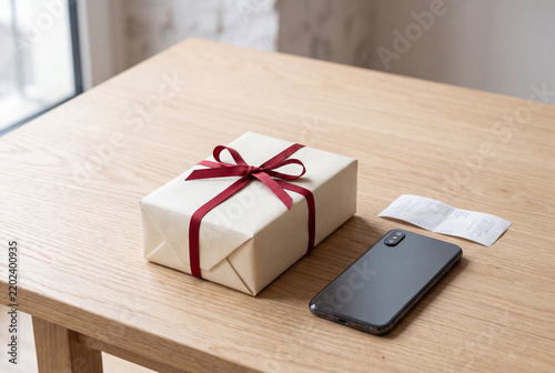Elegant wrapped gift box, smartphone, and shopping receipt arranged on a wooden table, illustrating online shopping, consumer purchases, gifting, and holiday commerce.