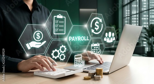 Accountant calculating payroll using laptop and calculator with floating financial icons.
