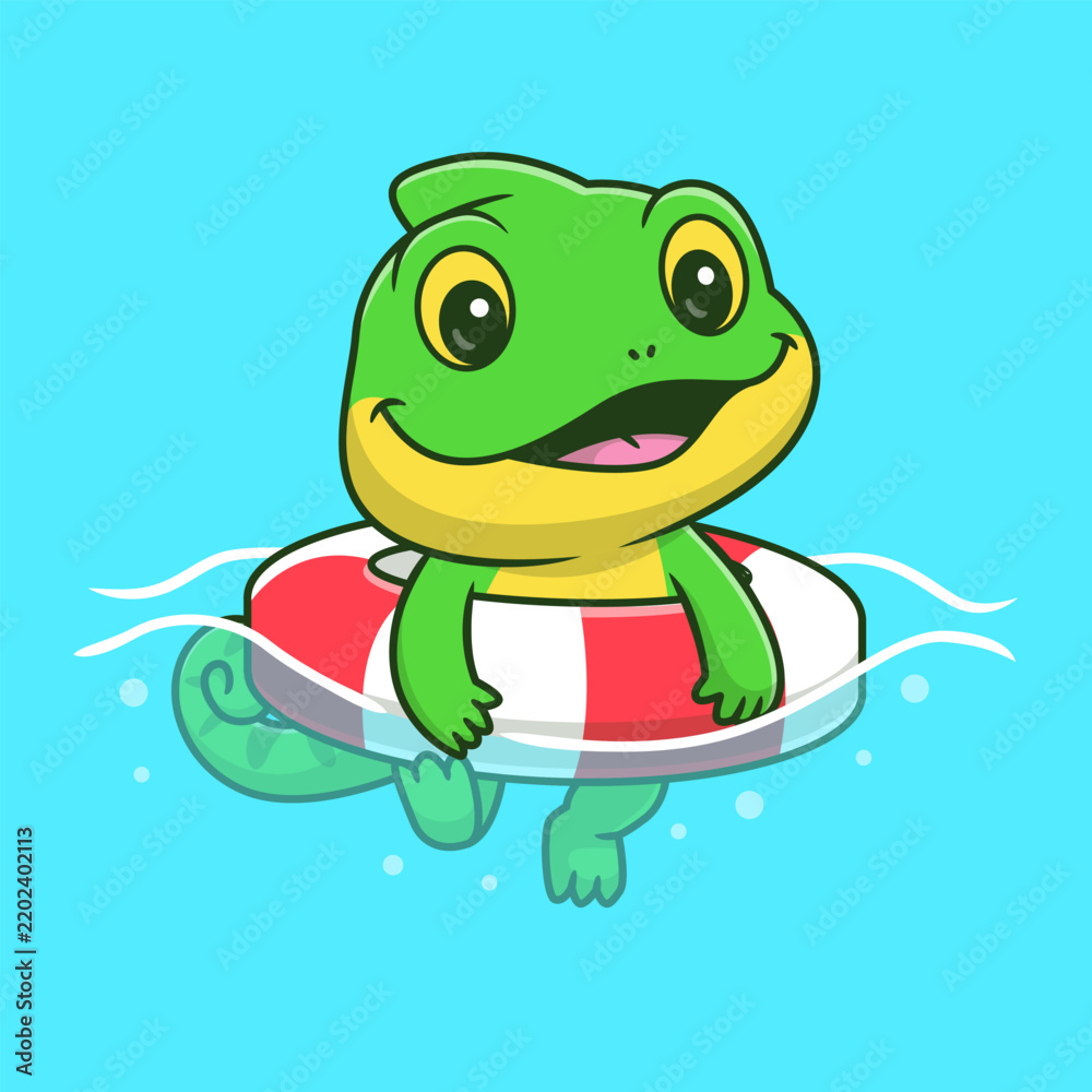 Obraz premium Cute Chameleon Swimming With Swimming Tires Cartoon 