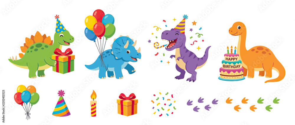 Fototapeta premium Cute Dinosaur Birthday Party Elements Isolated