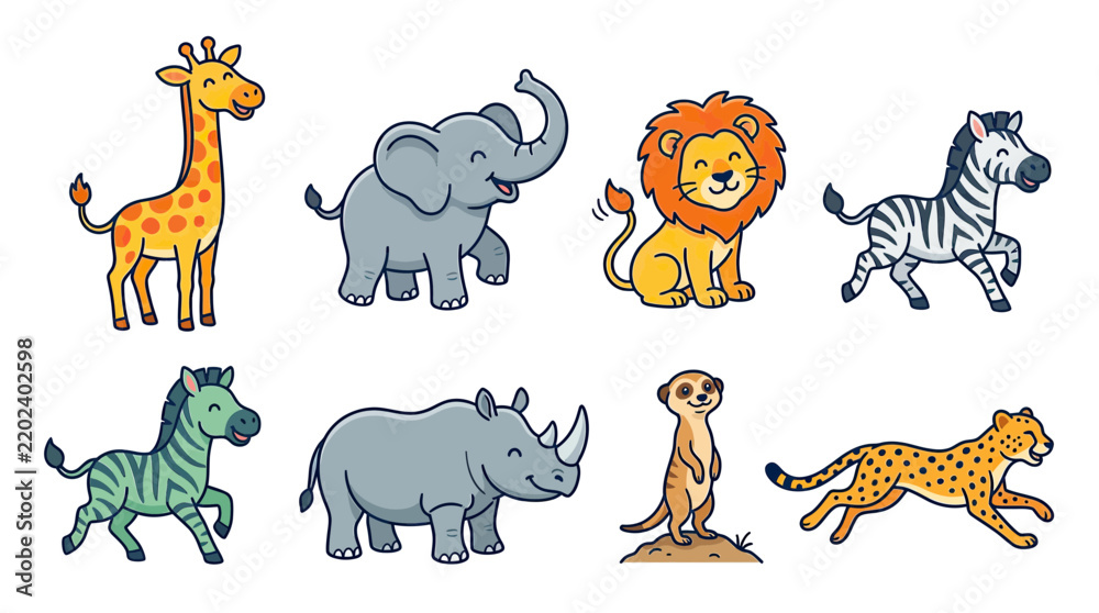 Fototapeta premium Cute Cartoon Safari Animals Collection Isolated