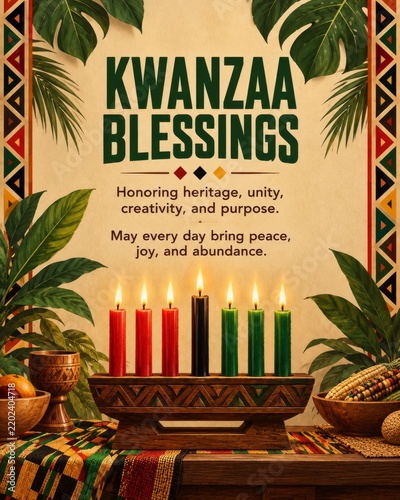 Kwanzaa Blessings Message With Candles and Decor on a Table