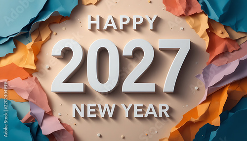 Bold white Happy 2027 New Year text displayed on colorful layered abstract background with paper-like textures in multiple shades 2027 new year happy new year 2027 celebrate