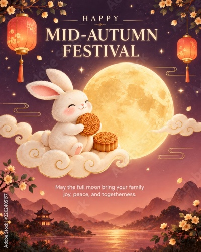 Celebration of Mid-Autumn Festival With a Bunny and Moon Cakes Under a Full Moon