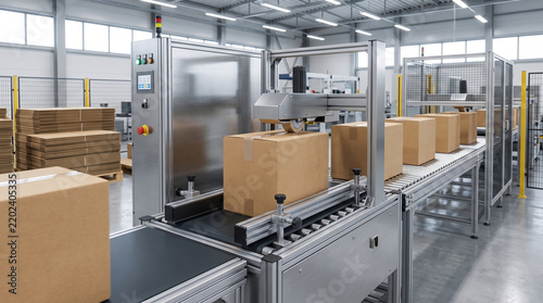 Automated packaging machine sealing boxes in a modern warehouse  