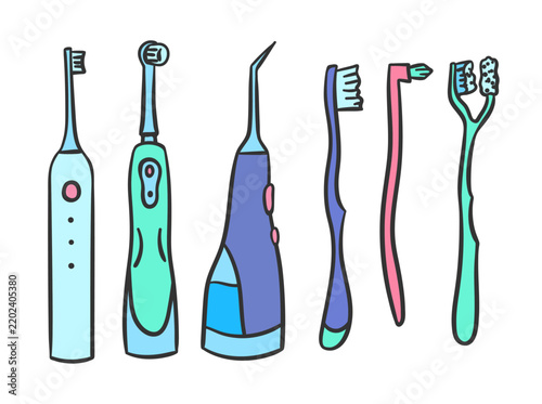 Electric Toothbrush and Tooth Brush Oral Hygiene Concept Color Thin Line Set Hand Drawn Doodle Style. Vector illustration