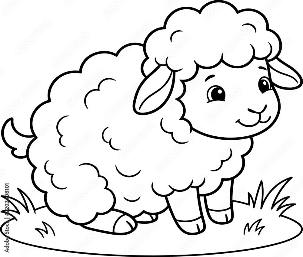 Obraz premium Cute Fluffy Sheep Standing In Farm Field Outline Coloring Page