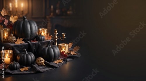 Luxury Dark Halloween Banner Background with Matte Black Pumpkins and Golden Candlesticks