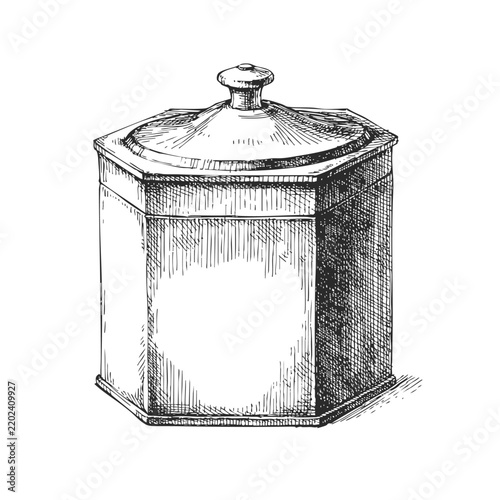 Vintage Hexagonal Tin Can with Lid Vector Hand Drawn Ink Illustration Blank Matte Metal Storage Jar Rustic Pantry Kitchenware Mockup Sketch