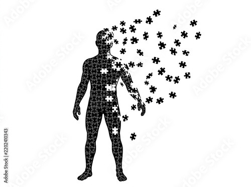 Man Disassembling into Puzzle Pieces. Concept of Memory Loss and Alzheimer's Disease. Mental Health, Anxiety, and Psychological Breakdown Concept. Losing Identity and Mind Fragmenting Illustration
