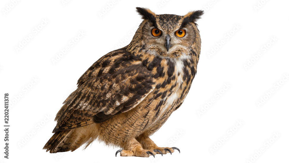 Obraz premium Majestic Eurasian eagle-owl with piercing orange eyes, isolated on transparent background