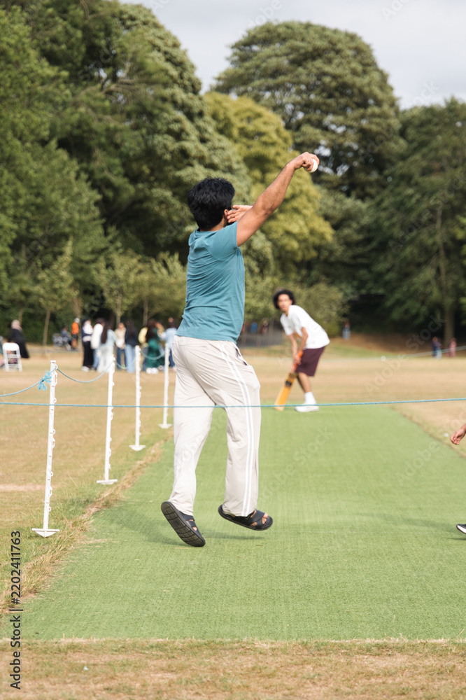Obraz premium Cricket player bowling on a green pitch during an outdoor match, capturing dynamic action, focus and athletic motion as the bowler delivers the ball in competitive team play