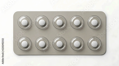 White medical pills in a gray blister pack for healthcare and medicine supply.