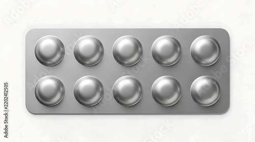 Silver blister pack with ten round medicine tablets for health and treatment.