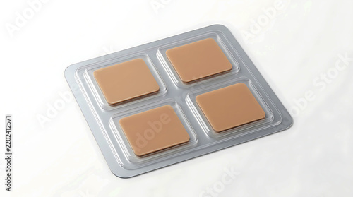 Four adhesive skin patches in a plastic blister pack for pain relief treatment.