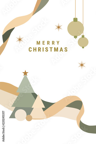 Minimalist Merry Christmas Greeting Card With Geometric Pine Trees And Soft Pastel Color Palette