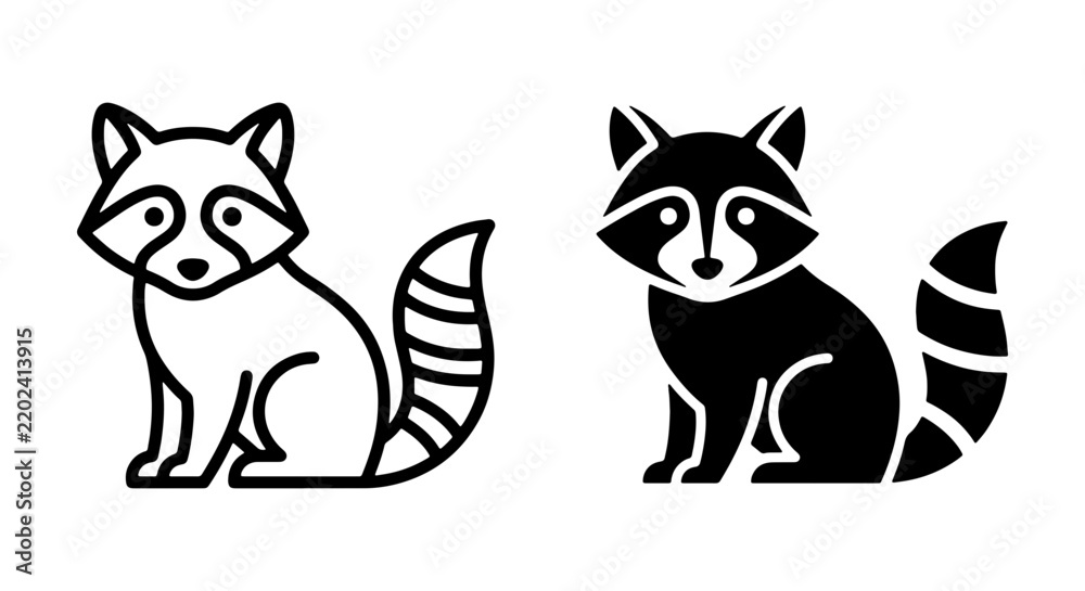 Obraz premium Cute Raccoon Icons, Vector Art Set: Black and White Outline and Silhouette Illustrations for Wildlife, Nature, and Animal Themes