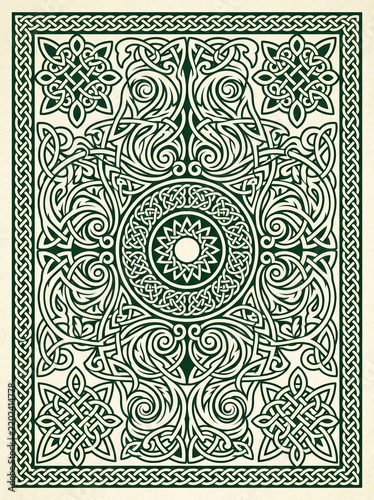 Intricate green and white playing card back design featuring traditional Celtic knotwork and geometric patterns