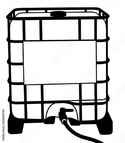 Industrial liquid container cubic shape in silhouette with dripping faucet