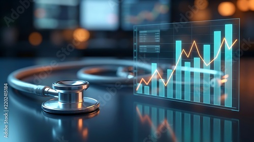 Stethoscope and glowing financial chart represent healthcare industry growth and medical analytics.
