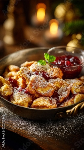 Traditional Austrian Kaiserschmarrn Shredded Pancake with Plum Jam and Powdered Sugar