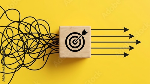 Messy tangled lines resolve into organized straight arrows via wooden block with target icon representing clarity purpose and streamlined business process.