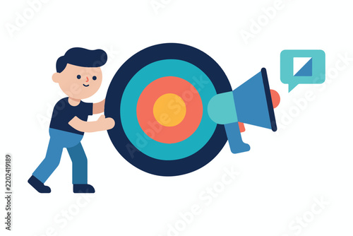 Targeted marketing vector illustration, businessman holding big target and megaphone, digital advertising concept